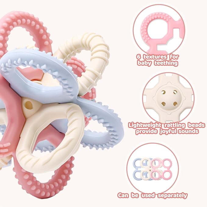 Baby Teething Toys 3 in 1 Silicone Teethers - BPA Free Food Grade Silicone Teething Ring Rattle Toys for Babies 3-6 Months 6-12 Months, Soft & Easy Hold, Baby Chew Toy for Toddlers (Pink)