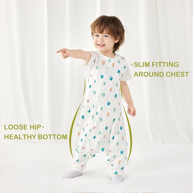 2 Pack Super Soft 0.5 TOG Sleep Sack with Legs, 100% Organic Cotton Side Open Toddler Sleep Sack with Feet, Foliage & Cactus, Size M