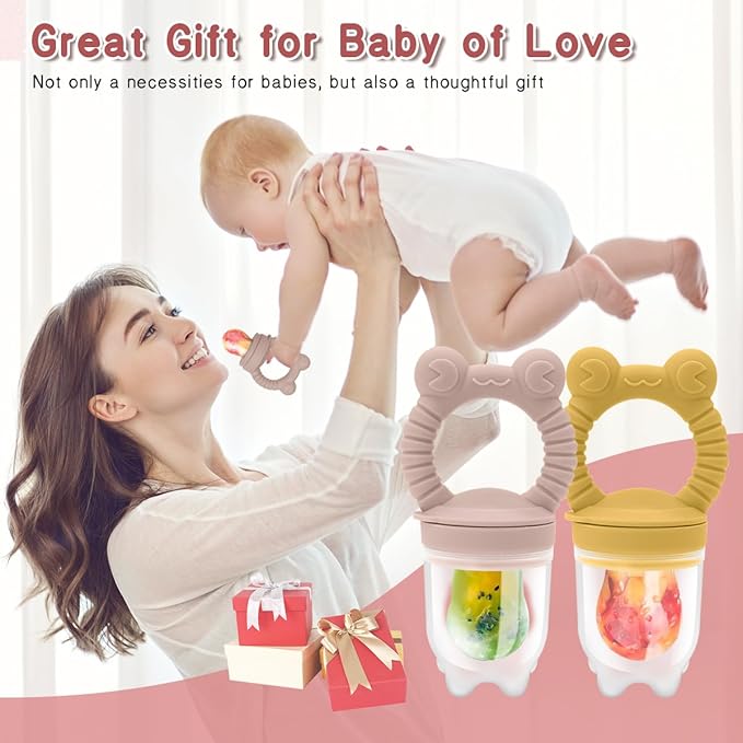 Baby Solids/Frozen Fruit Feeder Pacifier, Infant Teether Toy 4M+, BPA-Free Silicone Pouch & Nipple, Safely Introduce Solids, Teething Relief, 2-Pack - Pink/Yellow (Frog)