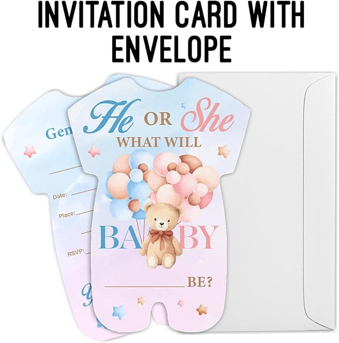 LyoGao Bear Gender Reveal Invitations - Balloon Bear He or She Baby Shower Party Fill in Invites Cards With Envelopes (20 Pack)
