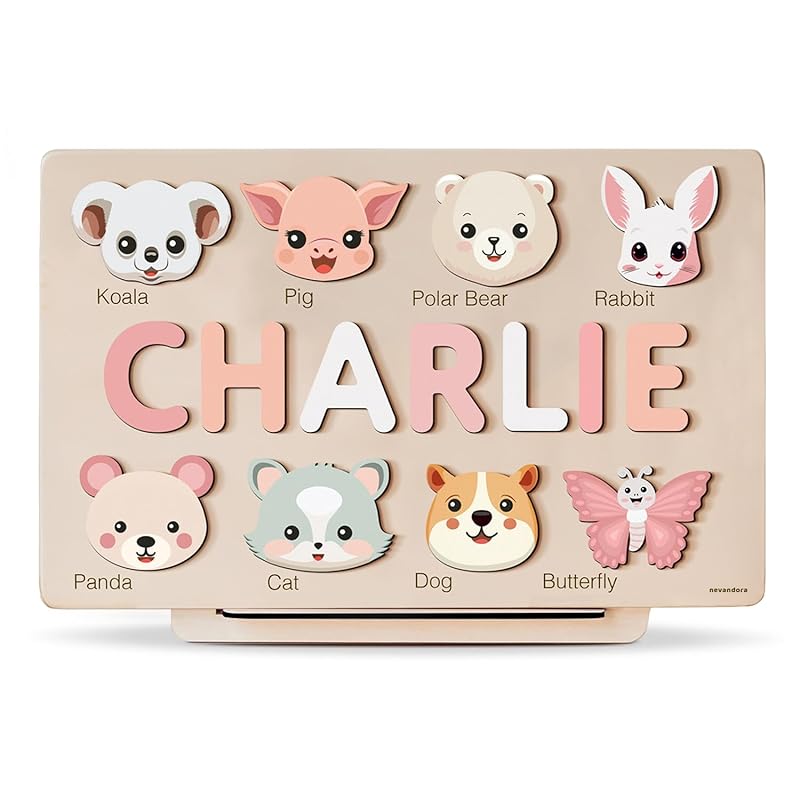 Custom Baby Name Puzzle with Animals, Baby Girl and Boy Gift, Personalized Puzzles for Toddlers, 3 6 9 12 15 18 24 36 Months Toy, Custom Baby Gift, Boy and Girl Personalized Wood Toy, Christmas Gift