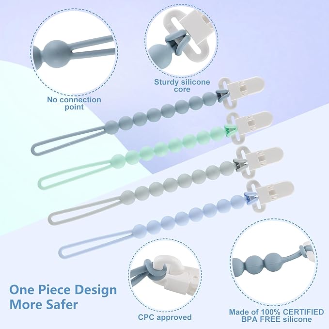 4-Pack Silicone Pacifier Clips with One-Piece Beads for Baby Boys and Girls - Flexible and Rust-Free Holders for Teething Relief and Baby Essentials, Safe for Newborns (Blue)