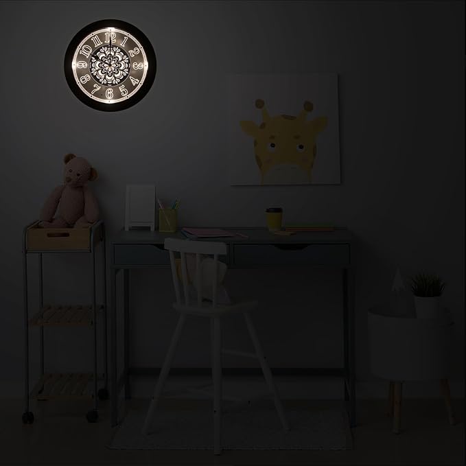 Evelyne LED Round Wall Clock - 12.5" Victorian Style Dial, Battery Operated, Night-time Sensor - Easy-to-Read Analog for Bedroom, Office & Living Room