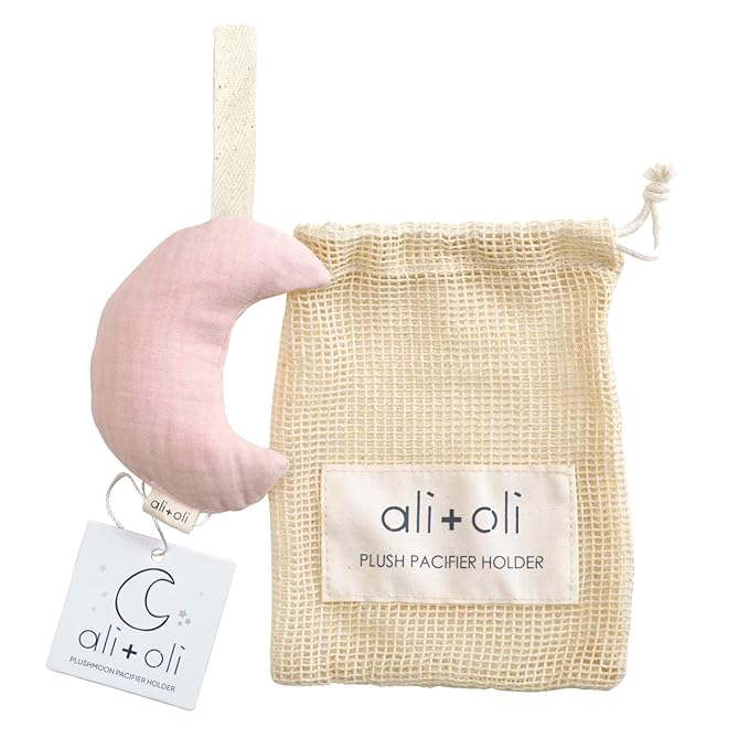 Ali+Oli Plush Muslin Cotton Pacifier Holder (Moon-Pink) Soft Binky Holder for Babies, Plush Holder for Pacifiers, Cute Baby Binkies Plush Holder, Pacifier Holder for Baby Boys & Girls