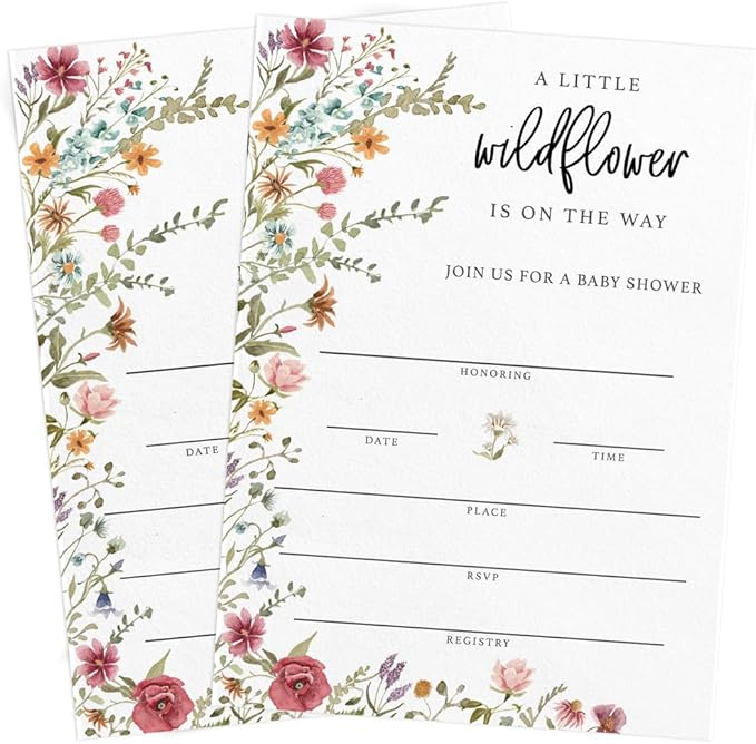 Printed Party Baby Shower Invitations with Envelopes – Wildflower Theme for Girl, Baby In Bloom Sprinkle, Set of 30