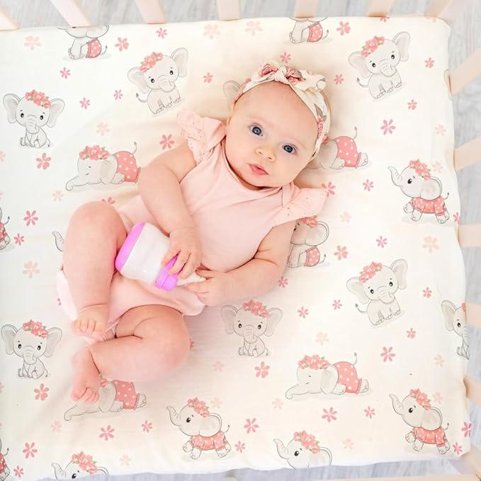 4 Pack Baby Girl Crib Sheets Set Soft Fitted Floral or Elephant Theme Baby Girl Mattress Covers Breathable Toddler Bed Sheets for Infant or Newborn Girls (Elephant, Crib Sheets)