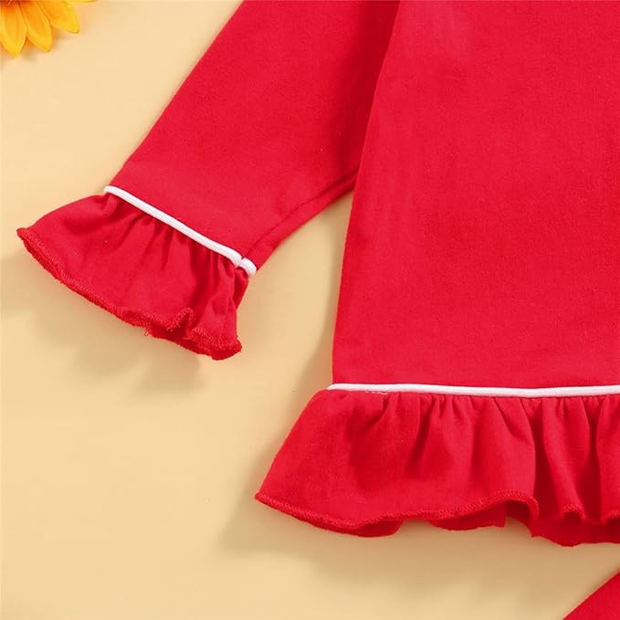 Toddler Kids Baby Girl Solid Pjs Ruffle Long Sleeve Button Shirt Top and Pants Cotton 2Piece Pajamas Set