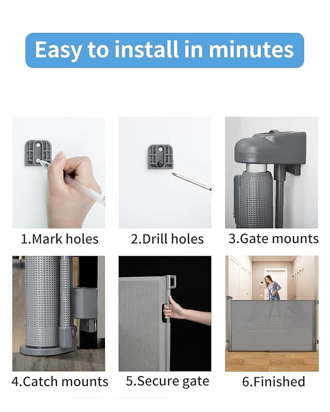 Retractable Baby Gate for Doorways and Stairs, Mesh Safety Gate for Pet, Indoor & Outdoor Use, One-Hand Operation, Easy Installation, 33.6" Tall, Expands to 71" Wide(Grey,33.6"x71")