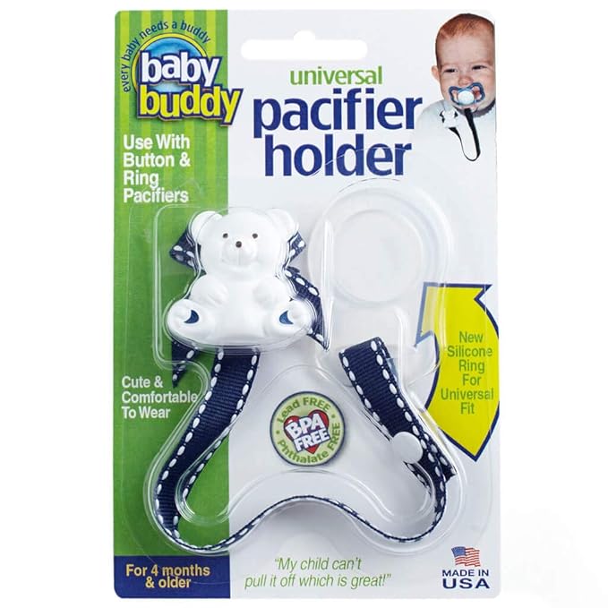 Baby Buddy Pacifier Clip Holder, Newborn Essential with Universal Fit for all Binky and Teether Brands, Ages 4+ Months, Navy & White, 1 Pack