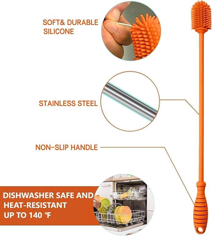 Silicone Bottle Brush Cleaner Set of 3,Long Handle Bottle Cleaning Brushes for Narrow Neck Containers, Water Bottles, Thermos, Hydro Flasks, Coffee Mugs,Baby Bottles (Orange Upgraded Version)