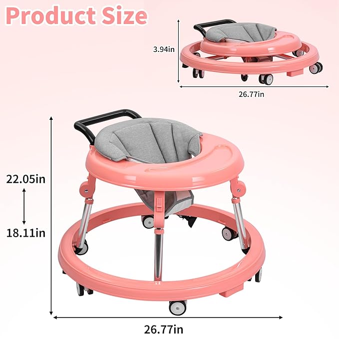 Baby Walker with Wheels: Adjustable Height & Foldable Design, Mute Wheels & Anti-Rollover Feature, Includes Footrest, Perfect for Boys & Girls 6-18 Months