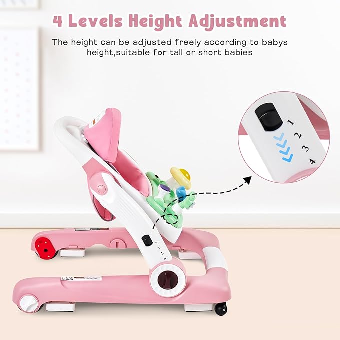 5 in 1 Baby Walker, Activity Baby Walker-Baby Bouncer, Rocker, Activity Center,Seat and Push Walker,Detachable Trampoline Mat, Adjustable Speed Rear Wheels and Height,Ages 6-18 Months (Pink)