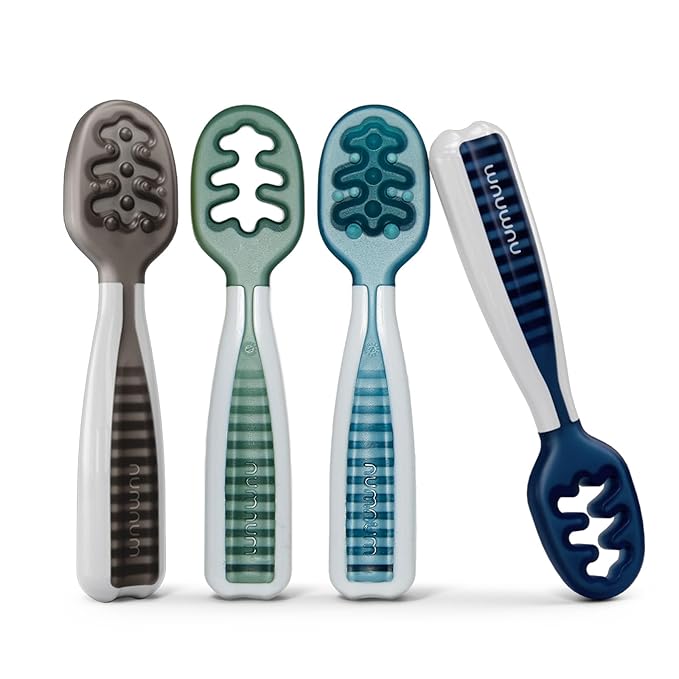 NumNum Baby Spoons Set, Baby Essentials Pre-Spoon GOOtensils for 6+ Months, First Stage Self-Feeding Spoons for Baby Led Weaning (BLW), Silicone Toddler Utensils, BPA-Free, 4 Pack Beach Picnic