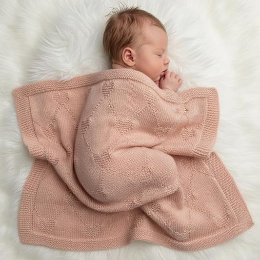 Baby Knit Blanket Heart to Heart Pattern– 100% Cotton Soft Lightweight Receiving Blanket for Newborn Infant Toddler Boy Girl, Cozy Nursery Crib Stroller Cover