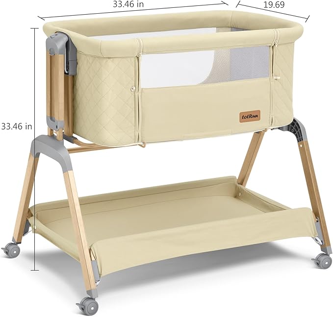 Bassinet Bedside Sleeper, Rocking Bassinets with Comfy Mattress and Wheels for Newborn, 5-Height Adjustable (Beige)