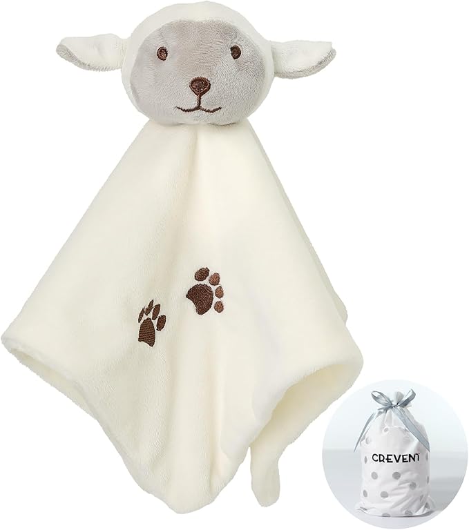CREVENT Cozy Plush Baby Security Blanket Loveys for Baby Girls Boys, Stuffed Animal Ring Rattle Shaker Toy for Newborns (Sheep)