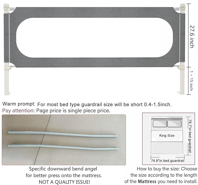 MagicFox Bed Rails for Toddlers, Extra Tall 32 Levels of Height Adjustment Specially Designed for Twin, Full, Queen, King Size - Safety Bed Guard Rails for Kids (Grey, 1 Side:78.74"(L) ×27"(H))