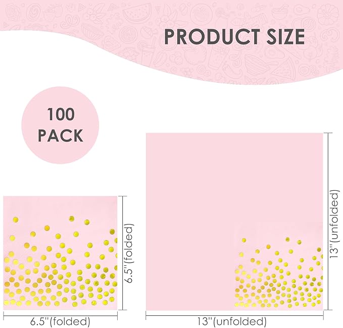 13 x 13 Inches Pink Party Napkins,Pink and Gold Paper Beverage Napkin,100 Pack Disposable Cocktail Napkins,Bar Napkins for Birthday Dinner Anniversary Wedding Party Supplies