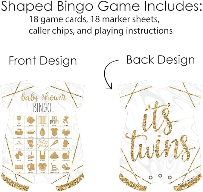 Big Dot of Happiness It’s Twins - Picture Bingo Cards and Markers - Gold Twins Baby Shower Shaped Bingo Game - Set of 18