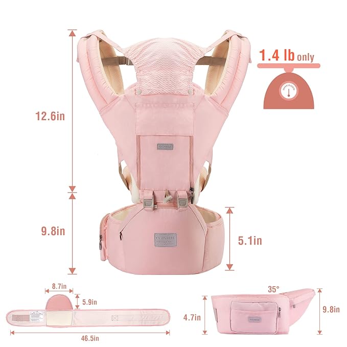 Baby Carrier, 3-in-1 Baby Carrier Newborn to Toddler with Hip Seat (Ergonomic M Position) for 0-36 Month/7-45lbs, Adjustable Size for Enhanced Lumbar Support, Perfect for On-The-go, Pink