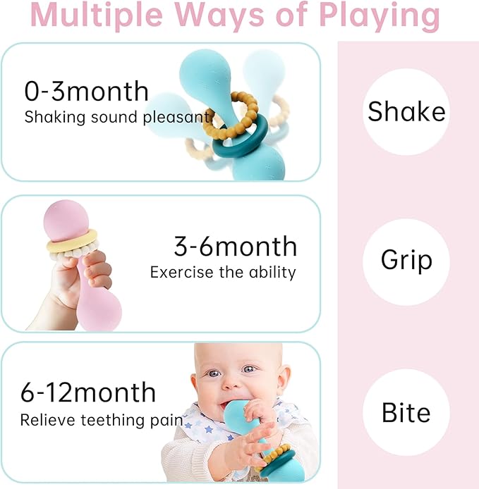 Baby Stacking Toys Silicone Teething&Squeezing Shaker Grab Spin Montessori Sensory Rattle for Babies Toddlers(Blue)