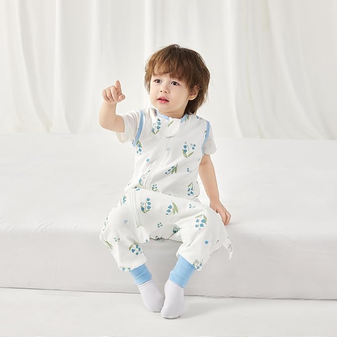 Super Soft 0.5 TOG Sleep Sack with Legs, 100% Organic Cotton Side Open Lightweight Toddler Sleep Sack with Feet, Bluebell, M