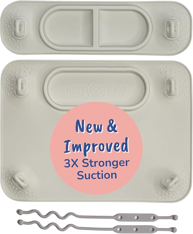 BUSY BABY Silicone Mat Bundle - 1 Original Mat Plus 1 Mini Mat, New Stronger Suction Cups, 6 Straps to Secure Baby Essentials and Keep Them Off The Floor, Baby Led Weaning, Wet Bag Included (Tan)