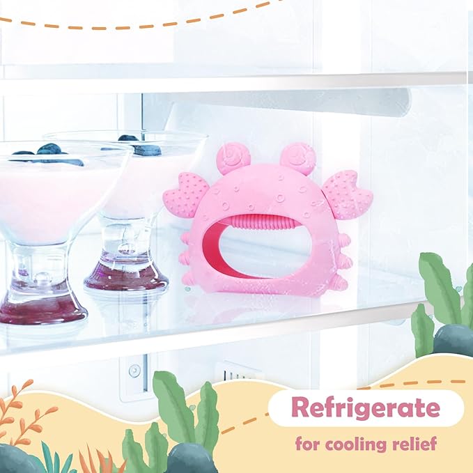 Anboor 2 Pack Baby Teething Toys, Silicone Teethers for Babies 0-6 Months Anti Dropping Hand Teether, Infant Baby Chew Toys for Teething Relief for Newborn Soon-to-be Mothers (Pink,Crab)