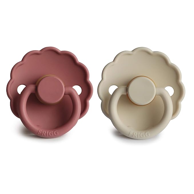 FRIGG Daisy Natural Rubber Baby Pacifier | Made in Denmark | BPA-Free (Powder Blush/Cream, 6-18 Months) 2-Pack
