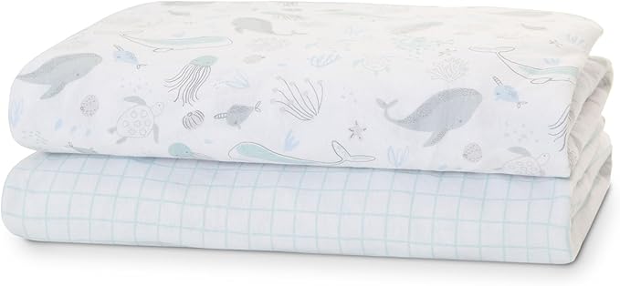 Delta Children 100% Organic Cotton Fitted Crib Sheets, Sea Life + 100% Organic Jersey Cotton Baby Receiving Blankets – 30x40 Inches, GOTS Certified (Pack of 2) (Bundle)
