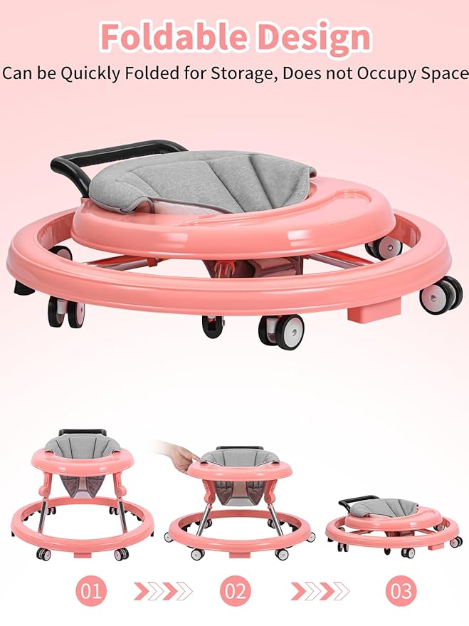 Baby Walker with Wheels: Adjustable Height & Foldable Design, Mute Wheels & Anti-Rollover Feature, Includes Footrest, Perfect for Boys & Girls 6-18 Months