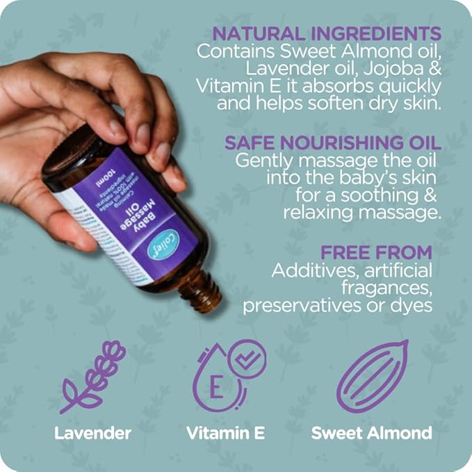 Colief Baby Massage Oil | Soothing Oil For Infants | Made With 100% Natural Ingredients Including Sweet Almond Oil, Lavender Oil, Jojoba & Vitamin E | Suitable For Babies 3+ Months | 3.38 Fl. Oz