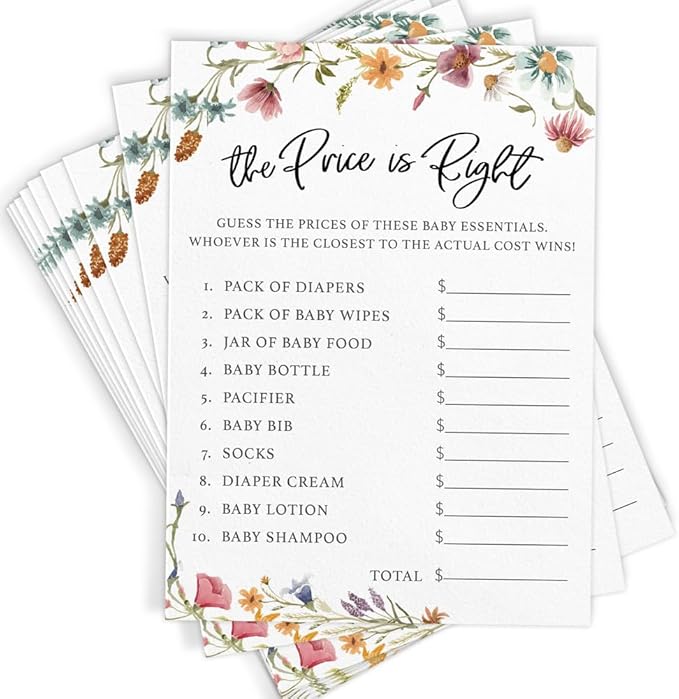 Printed Party Baby Shower Games – 4 Games and Activities for 30 Guests, Includes Bingo, Price is Right, Emoji Book, and Guess Who Trivia, Baby in Bloom Floral Design for Girl