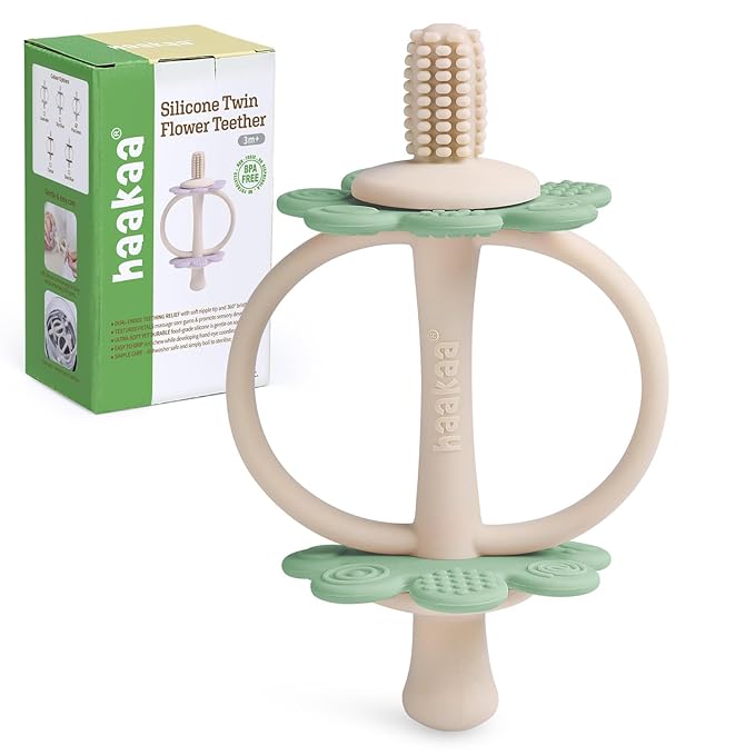 haakaa Silicone Baby Teether Toys,Nipple-Shaped End for Gum Massage,360Β° Baby Toothbrush Head for Self-Brushing Training,Easy to Grip-Pea Green