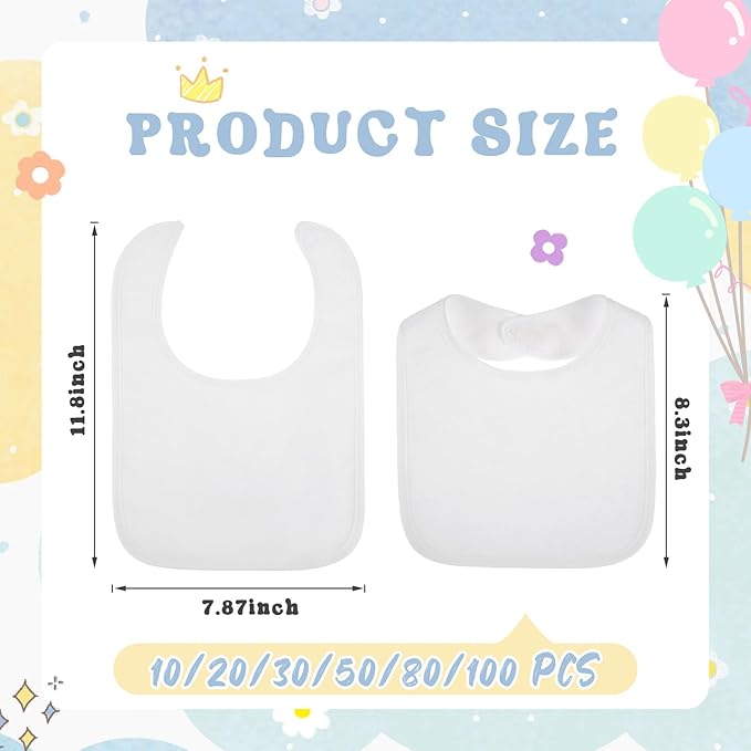 Toulite White Bibs for Baby Washable Reusable Waterproof Cotton Feeder Bibs with Double Sided Design(50 Pcs)
