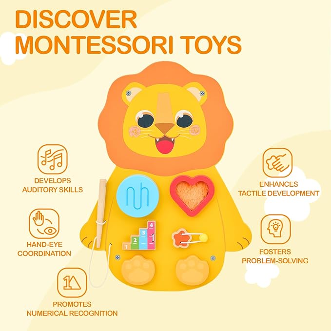 Monläurd® Wooden Lion Sensory Wall Toy, Busy Board for Toddlers, Montessori Sensory Wall Panel for Kids, Ideal for Classroom, Playroom & Daycare, Wall Activity Board