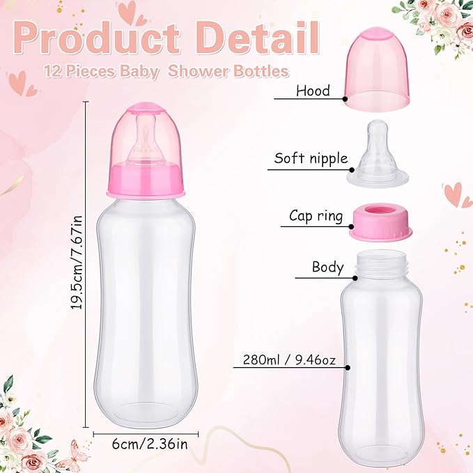 TrelaCo Cool Baby Shower Games Sets 12 Pcs Feeding Bottles with 1 Bottle Chug Sign for Gender Reveal Baby Shower Party Favors Decoration Games(Floral,Pink)