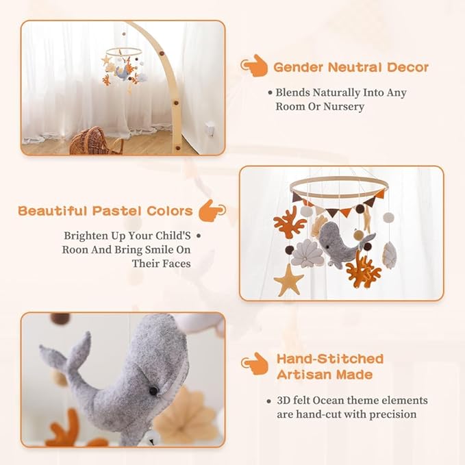 Baby Mobile for Crib - Ocean Animal Baby Mobiles - Baby Nursery Mobiles with Handmade Soft Felt Whale - Woodland Nursery Decor Toys for Ceiling Hanging | Perfect Baby Shower Gift for Baby Boys Girls