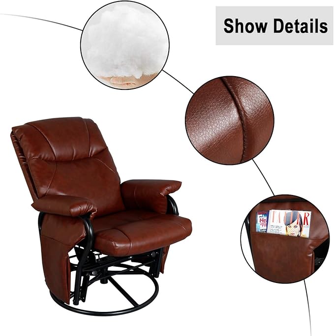 AODAILIHB Glider Chairs Rocking Chair with Ottoman 360° Swivel Chair PU Leather Upholstered Armchair Lounge Chair Sliding Chair Set (Brown)
