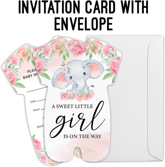 LyoGao Elephant Baby Shower Invitations for Girl - Floral Elephant Theme Baby Shower Party Fill in Invites Cards With Envelopes (20 Pack)
