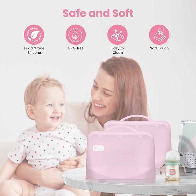 Silicone Microwave Steam Sterilizer Bag for Baby Bottles, Reusable Sterilizing Bag for Pump Parts and Toddler Accessories, Easy to Use Sterilizer Bags Perfect for Home and Travel, Pink (2PC)