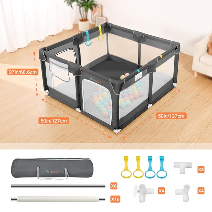 COMOMY Playpens for Babies and Toddlers, Small Baby Play Pens, Activity Center for Baby Safe and Non-Slip Baby Fence, Full Mesh Design, Indoor & Outdoor Kids Activity Center (Dark Grey, 50"x50")