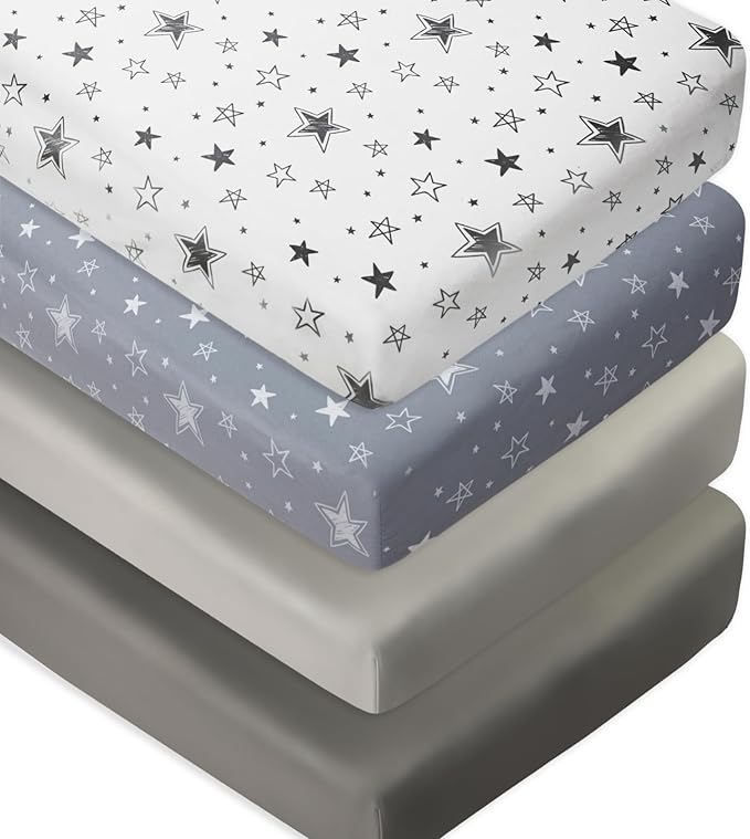 4 Pack Crib Sheets Star and Moon Neutral Unisex Baby Mattress Cover Fitted Crib Sheets Set for Baby Boys or Girls Star