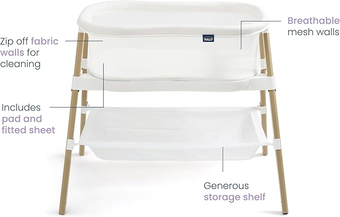 HALO BassiNest Essential Sleeper – Portable Baby Bassinet with Breathable Mesh Sides, Storage Shelf & Easy Assembly – Lightweight, Space-Saving Bedside Crib for Newborns