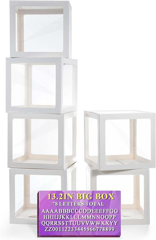 Ledido White Transparent Balloon Boxes With 78 Letters, 13.2" Big Name Boxes for Baby Shower Clear Baby Boxes for Gender Reveal, Birthday Wedding, Graduation Prom Party Decorations -6 PCS