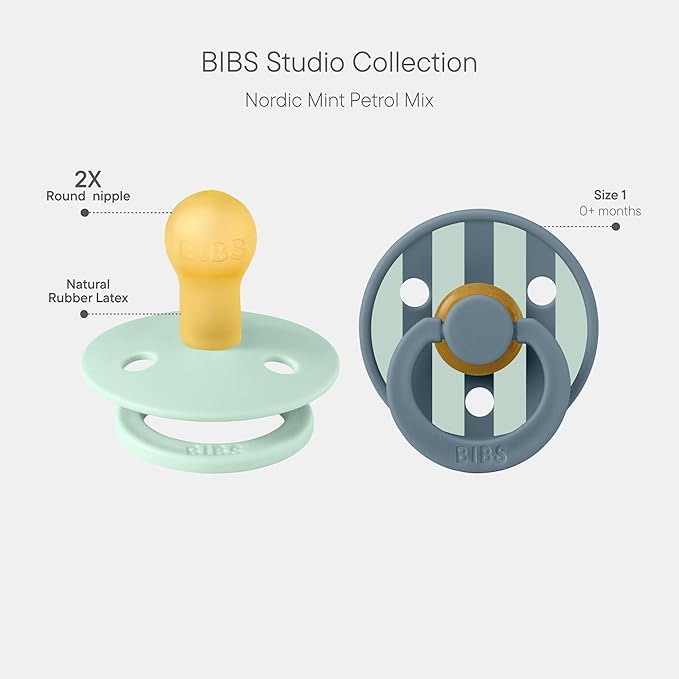 BIBS Pacifiers - Colour Studio 2 Pack | Round Nipple Baby Pacifier | BPA Free Natural Rubber Latex Soother | Made in Denmark | Size 0+ Months | Block Nordic Mint Petrol