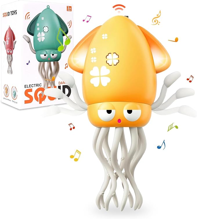 Dancing Octopus Baby Toy, Electric Crawling Squid with Obstacle Avoidance, Infant Light up Music Toys for 3 4 5 6 7 Year Old Kids, Rechargeable Tummy Time Toy Boy Girl Birthday Gifts(Yellow)