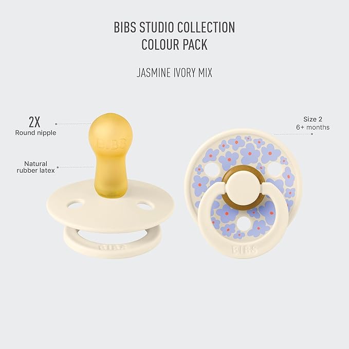 BIBS Pacifiers - Colour Studio 2 Pack | Round Nipple Baby Pacifier | BPA Free Natural Rubber Latex Soother | Made in Denmark | Size 6+ Months | Jasmine Ivory