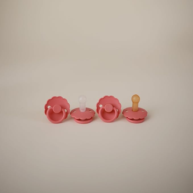 FRIGG Daisy Natural Rubber Baby Pacifier | Made in Denmark | BPA-Free (Cream/Poppy, Size 1) 2-Pack