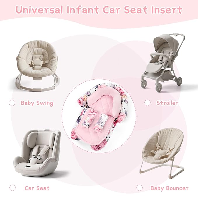 Baby Car Seat Head Body Support & Strap Covers, 2 in 1 Infant Car Seat Insert, Reversible Soft Breathable Newborn Cushion Pads for Preemie, Perfect for Baby Carseats, Strollers, Swings (Floral)